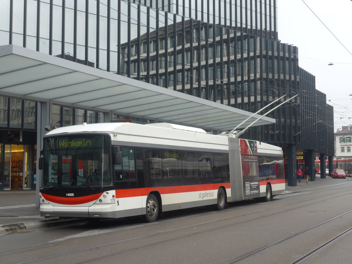(209'958) - St. Gallerbus, St. Gallen - Nr. 178 - Hess/Hess Gelenktrolleybus am 6. Oktober 2019 beim Bahnhof St. Gallen