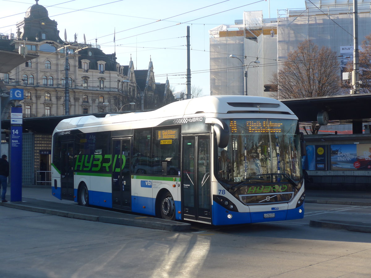 (213'773) - VBL Luzern - Nr. 78/LU 250'373 - Volvo am 12. Januar 2020 beim Bahnhof Luzern