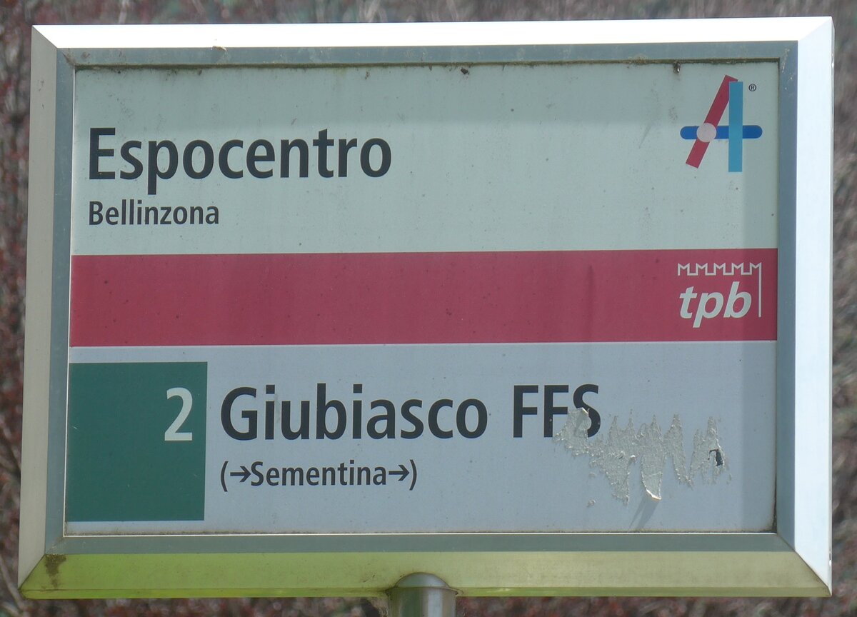 (217'320) - tpb-Haltestellenschild - Bellinzona, Espocentro - am 24. Mai 2020