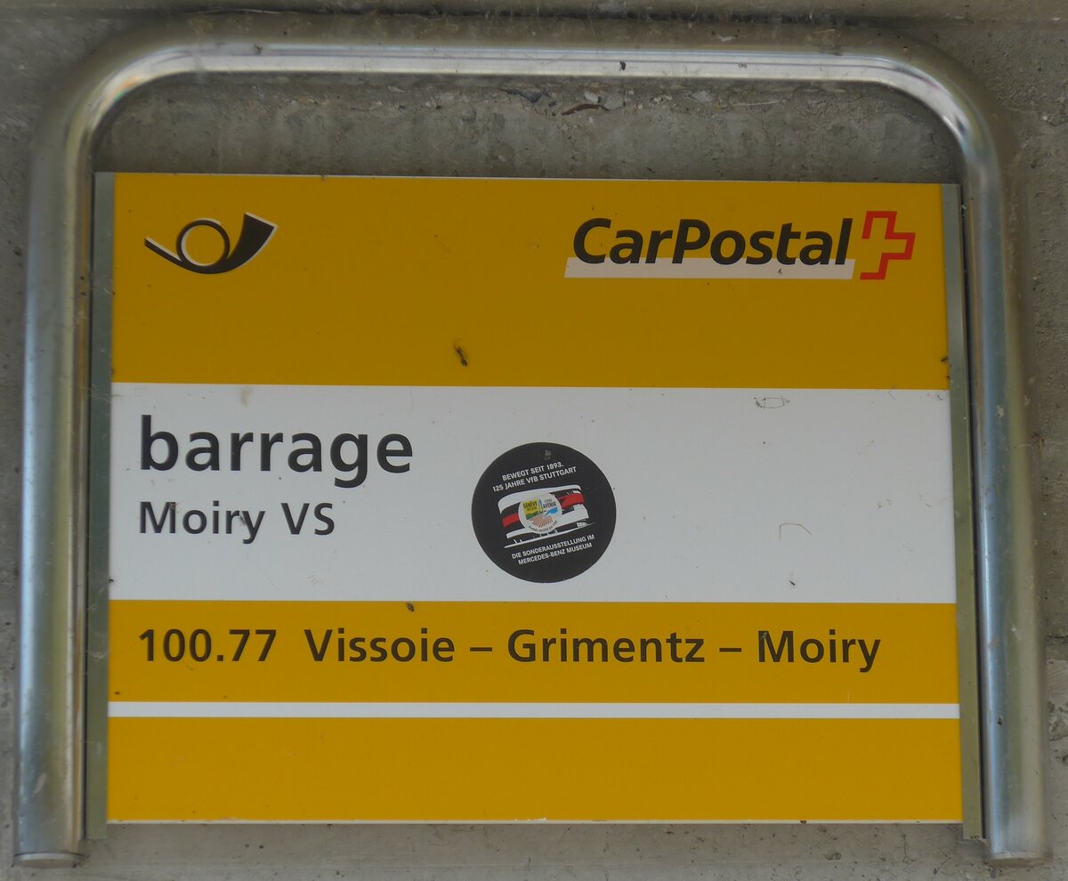 (220'511) - PostAuto-Haltestellenschild - Moiry VS, barrage - am 6. September 2020