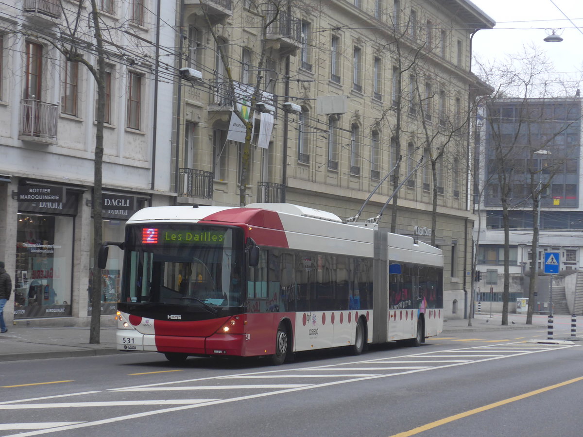 (223'515) - TPF Fribourg - Nr. 531 - Hess/Hess Gelenktrolleybus am 12. Februar 2021 beim Bahnhof Fribourg