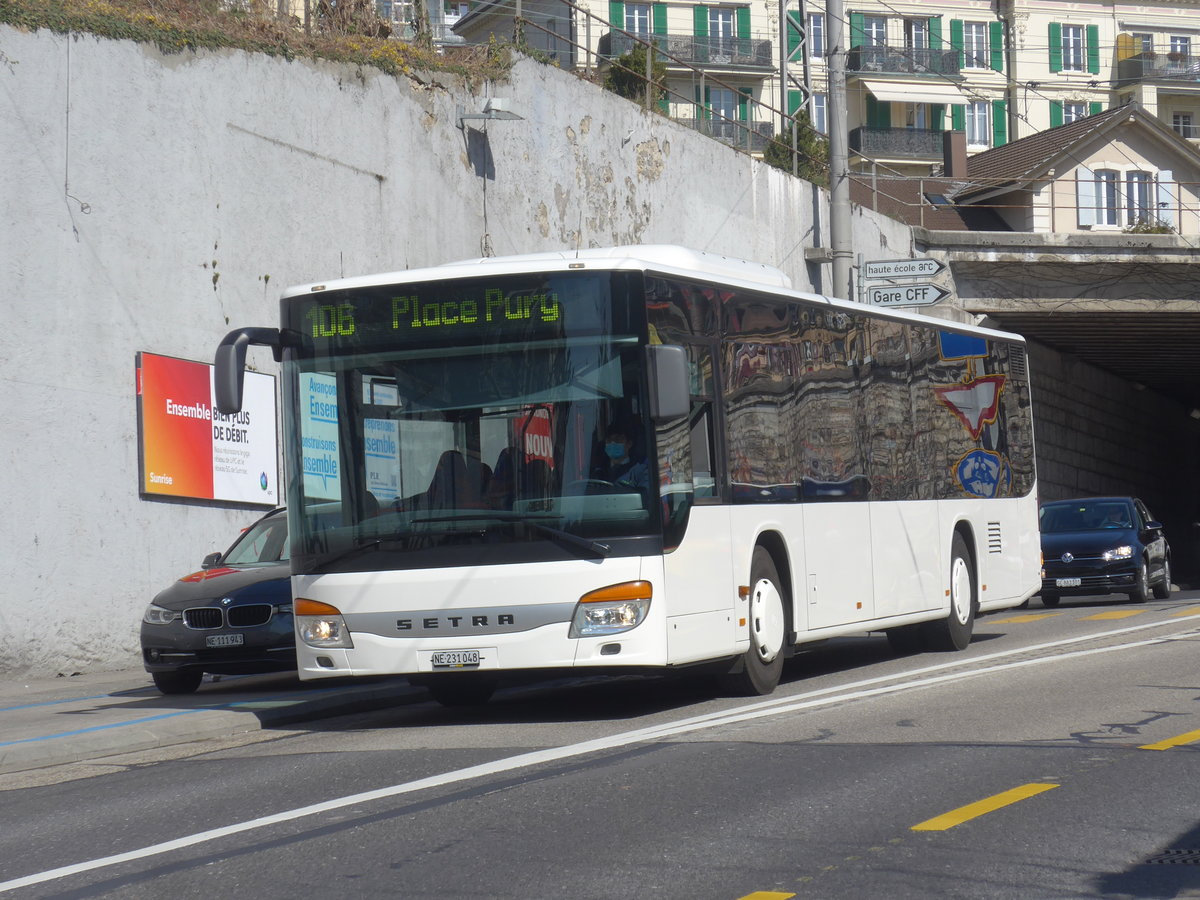 (224'559) - Interbus, Yverdon - Nr. 48/NE 231'048 - Setra (ex Nr. 3; ex SBC Chur Nr. 103; ex SBC Chur Nr. 13) am 29. Mrz 2021 in Neuchtel, Avenue de la Gare (Einsatz CarPostal)