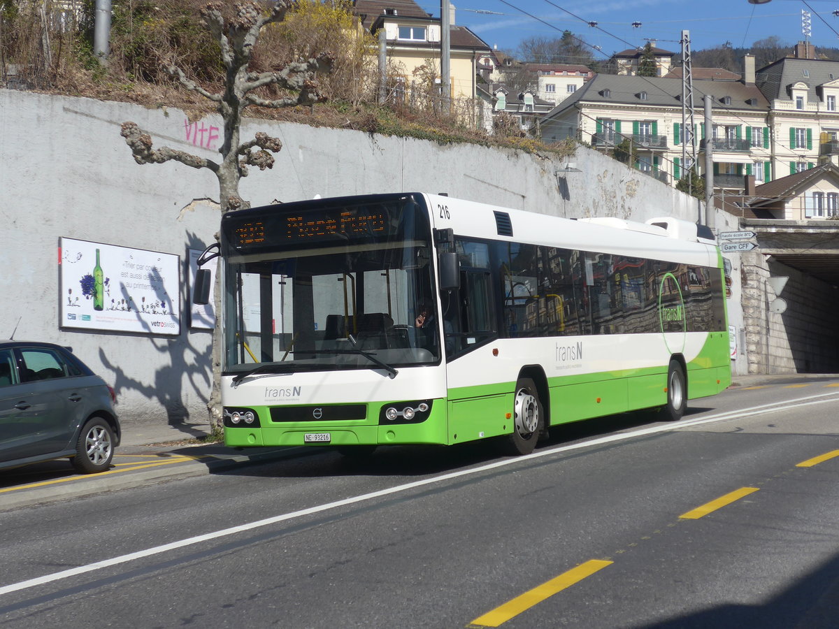 (224'564) - transN, La Chaux-de-Fonds - Nr. 216/NE 93'216 - Volvo (ex TN Neuchtel Nr. 216) am 29. Mrz 2021 in Neuchtel, Avenue de la Gare 