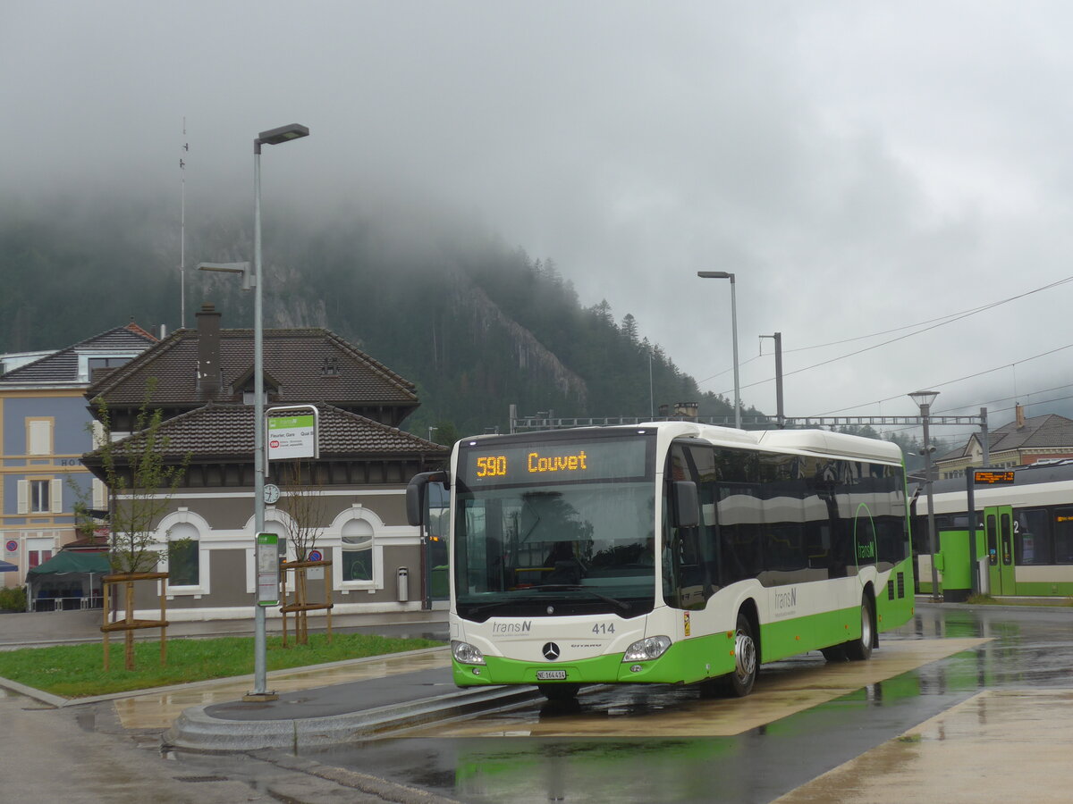 (226'843) - transN, La Chaux-de-Fonds - Nr. 414/NE 164'414 - Mercedes am 1. August 2021 beim Bahnhof Fleurier