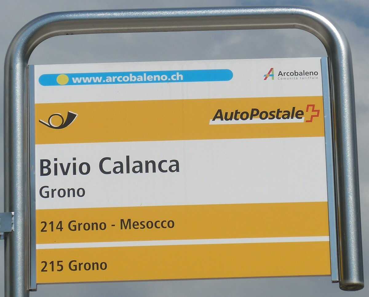 (227'959) - PostAuto-Haltestellenschild - Grono, Bivio Calanca - am 11. September 2021