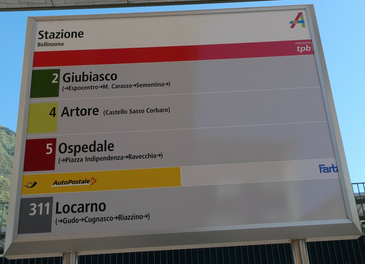 (229'187) - tpb/PostAuto/Fart-Haltestellenschild - Bellinzona, Stazione - am 14. Oktober 2021