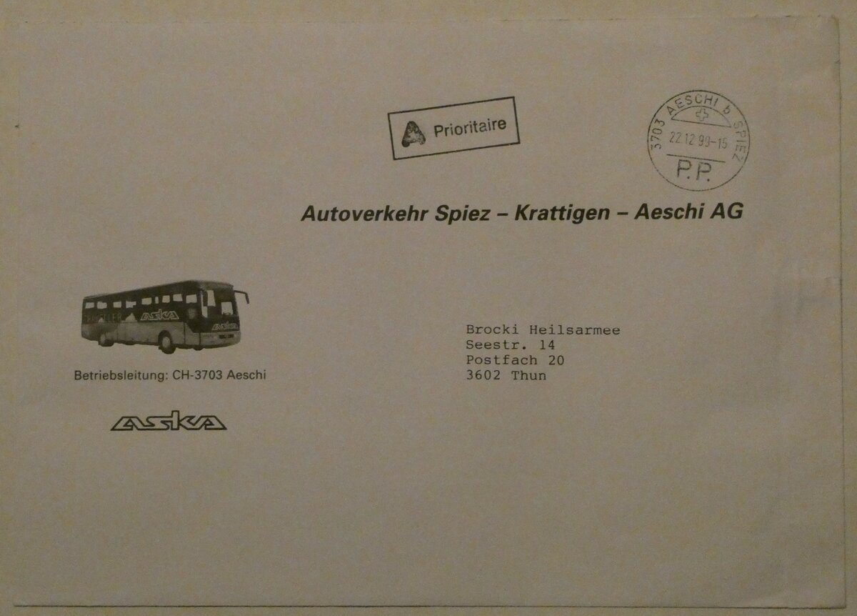 (233'066) - ASKA-Briefumschlag vom 22. Dezember 1999 am 22. Februar 2022 in Thun
