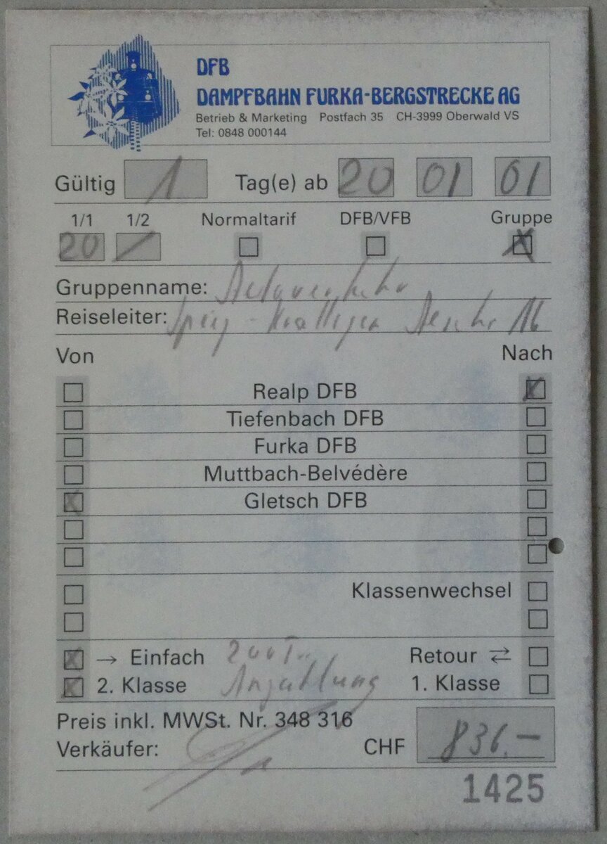 (233'326) - Bus-Quittung von der DFB Dampfbahn Furka-Bergstrecke vom 20. August 2001 am 28. Februar 2022 in Thun 
