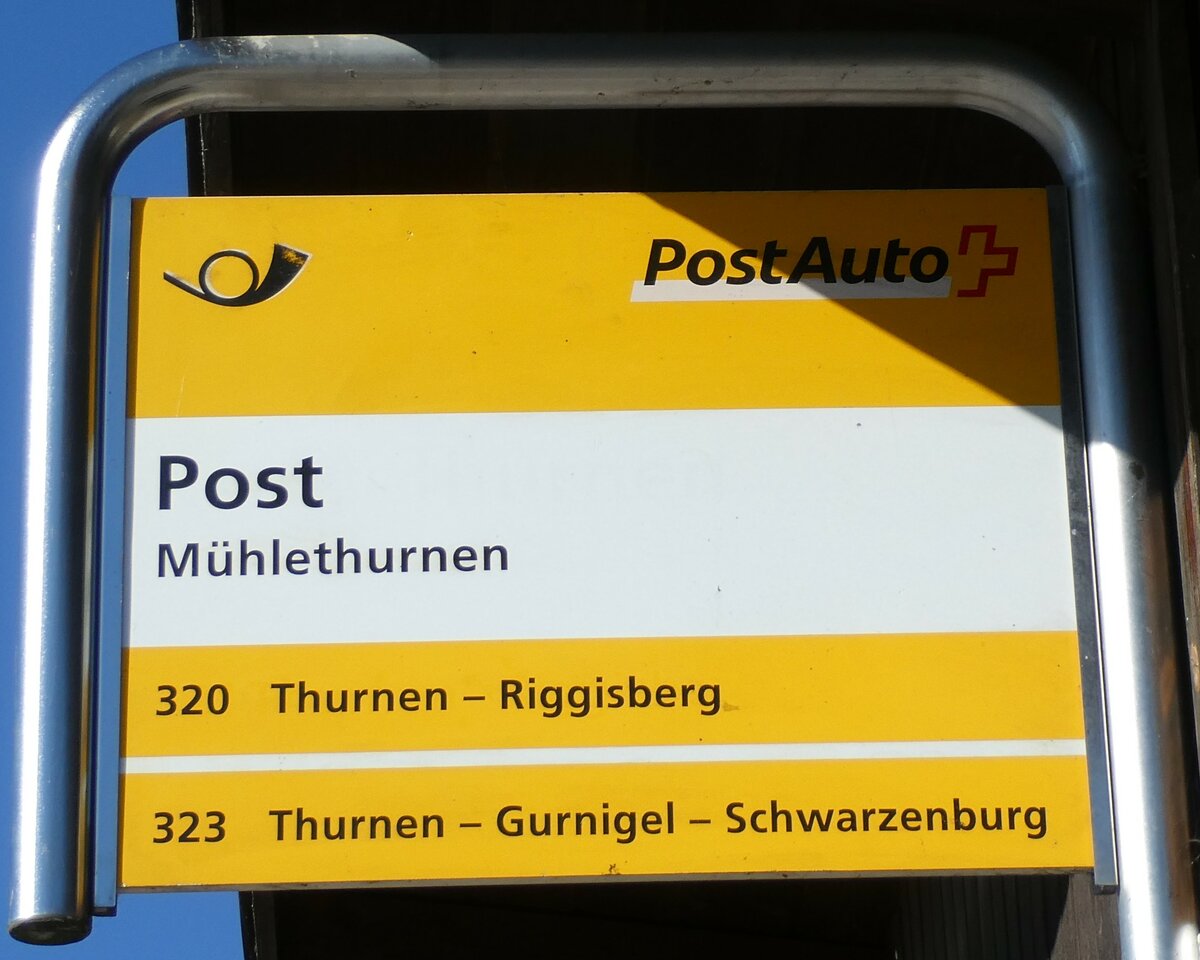 (233'332) - PostAuto-Haltestellenschild - Mhlethurnen, Post - am 28. Februar 2022