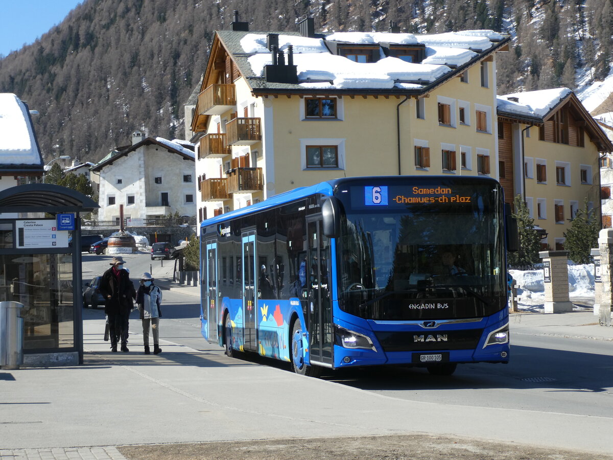 (233'648) - Engadin Bus, St. Moritz - Nr. 105/GR 100'105 - MAN am 10. Mrz 2022 in Celerina, Cresta Palace