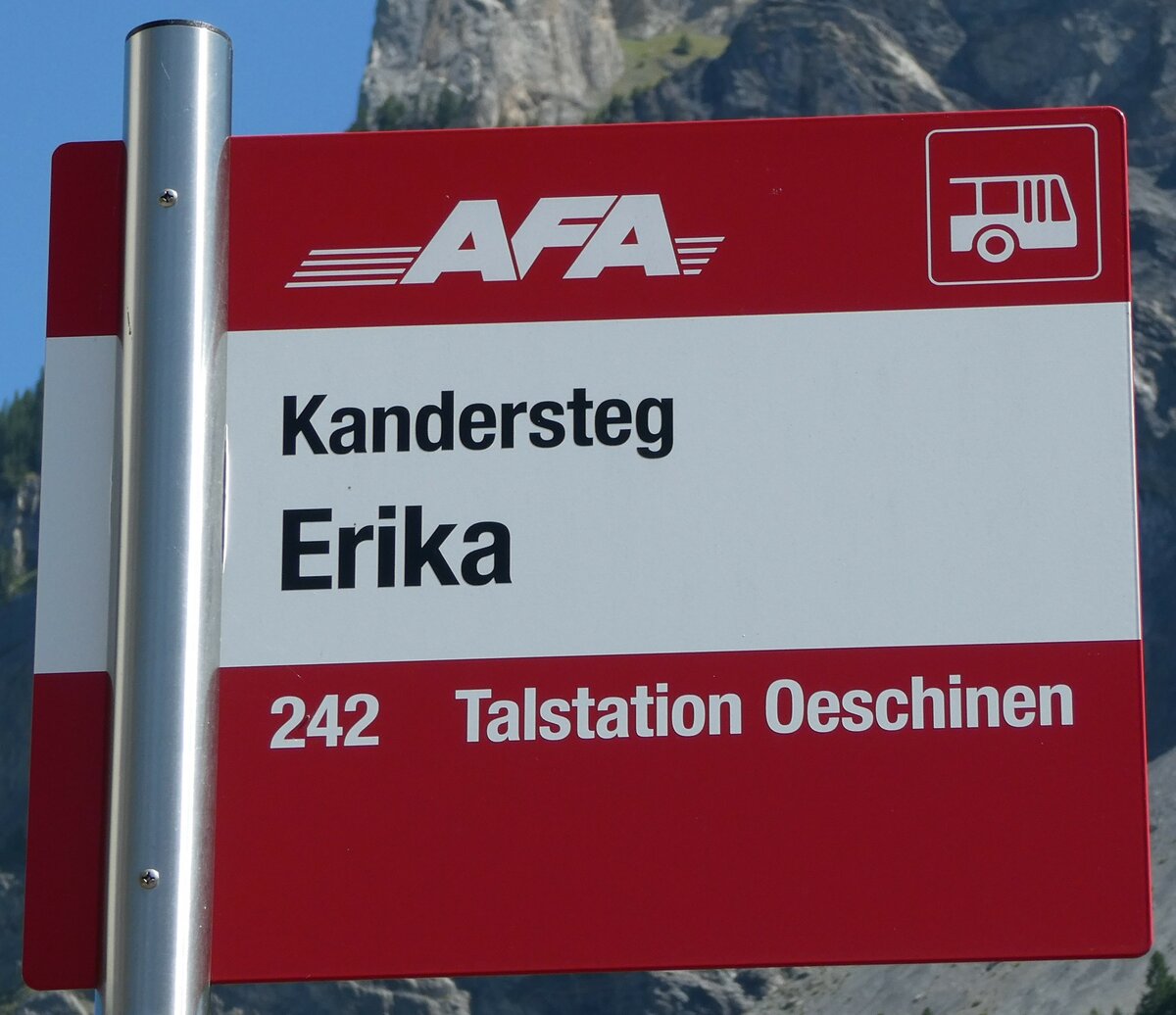 (239'084) - AFA-Haltestellenschild - Kandersteg, Erika - am 16. August 2022