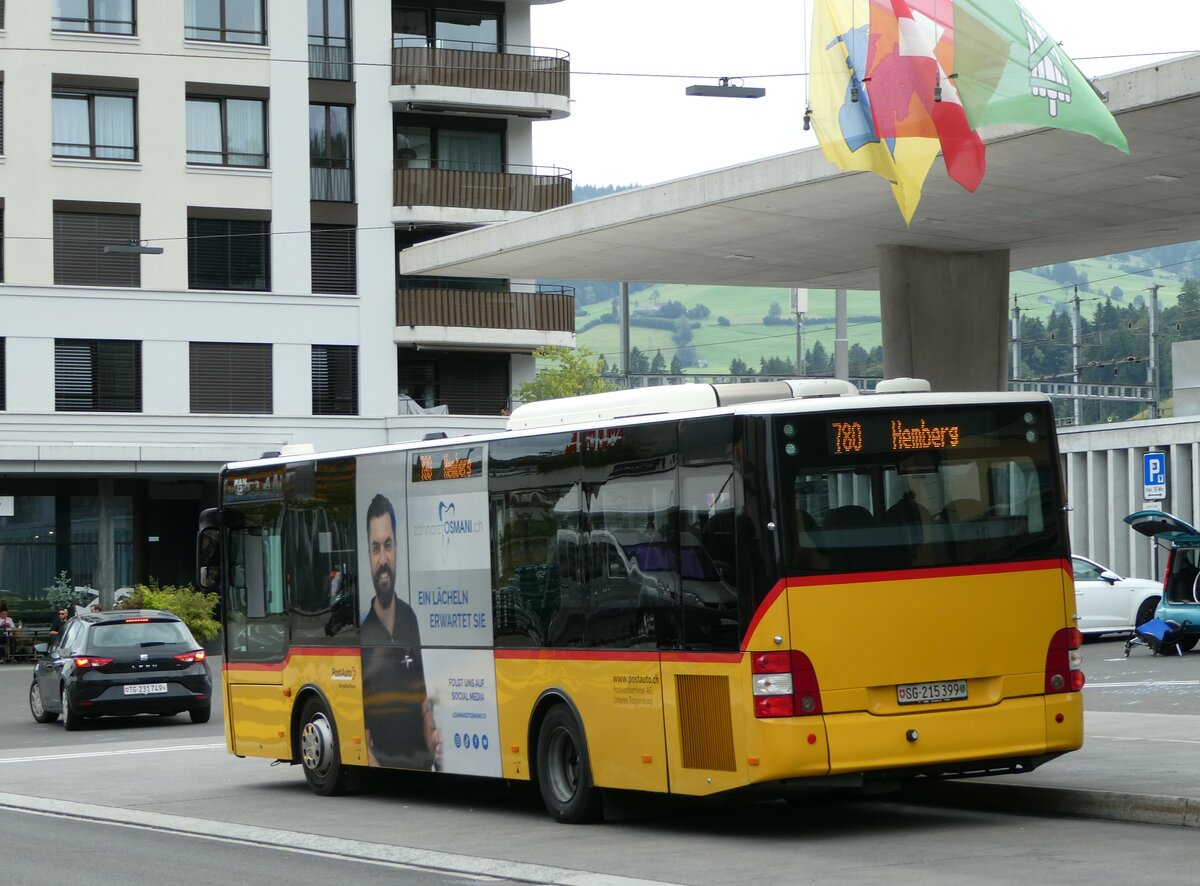 (239'261) - Postautobetrieb Unteres Toggenburg, Ganterschwil - SG 215'399 - MAN/Gppel am 20. August 2022 beim Bahnhof Wattwil