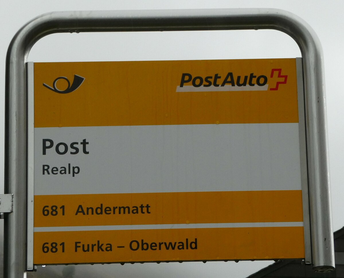 (240'324) - PostAuto-Haltestellenschild - Realp, Post - am 25. September 2022