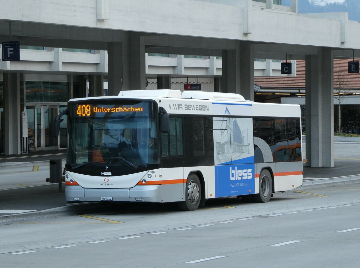 (243'549) - AAGU Altdorf - Nr. 4/UR 9234 - Scania/Hess am 7. Dezember 2022 beim Bahnhof Altdorf