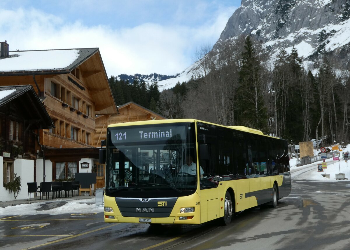 (246'248) - STI Thun - Nr. 401/BE 849'401 - MAN am 17. Februar 2023 in Grindelwald, Oberer Gletscher (Einsatz Grindelwaldbus)