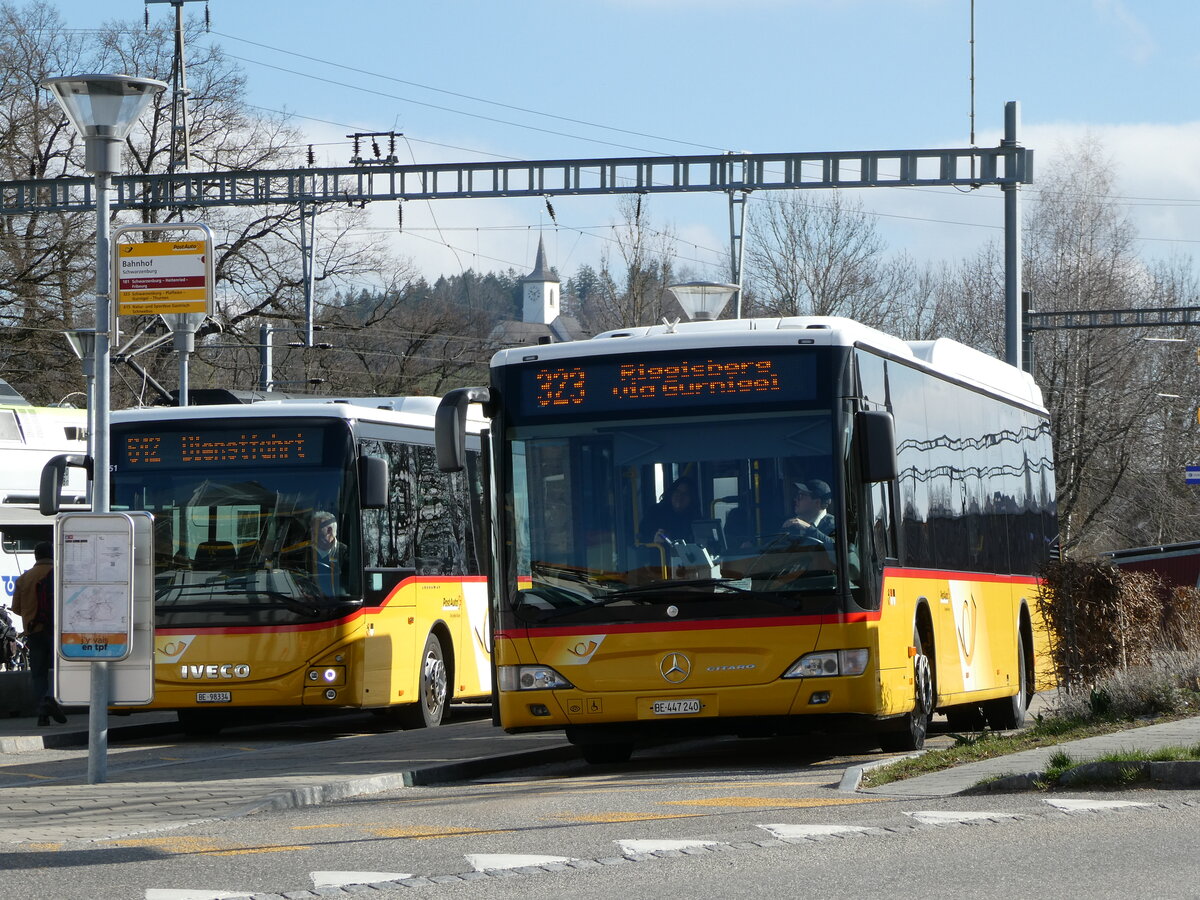 (248'001) - Engeloch, Riggisberg - Nr. 9/BE 447'240/PID 5578 - Mercedes am 4. April 2023 beim Bahnhof Schwarzenburg
