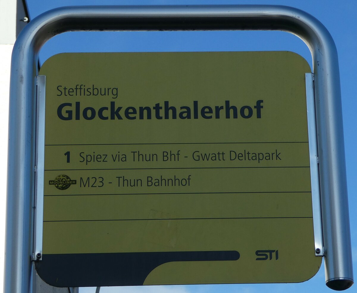 (257'006) - STI-Haltestellenschild - Steffisburg, Glockenthalerhof - am 15. November 2023