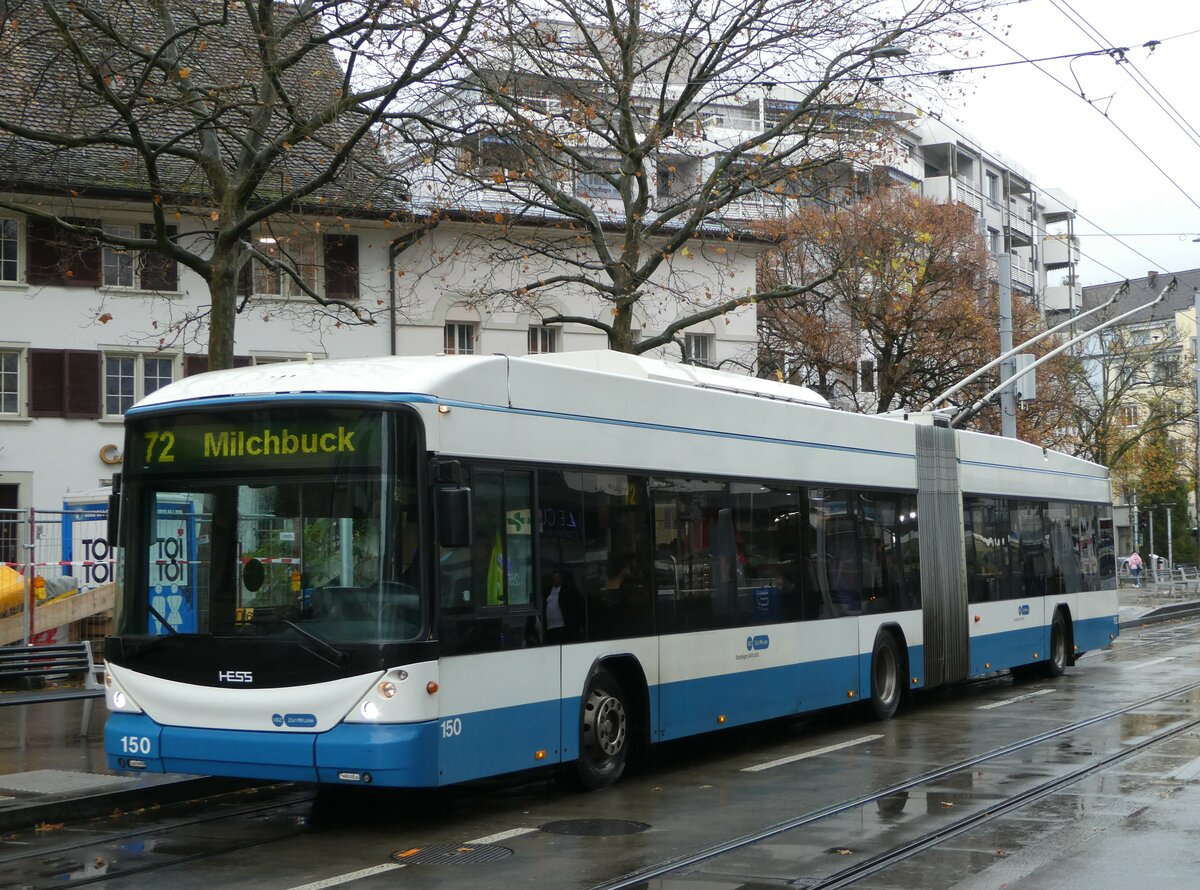 (257'216) - VBZ Zrich - Nr. 150 - Hess/Hess Gelenktrolleybus am 24. November 2023 in Zrich, Schmiede Wiedikon