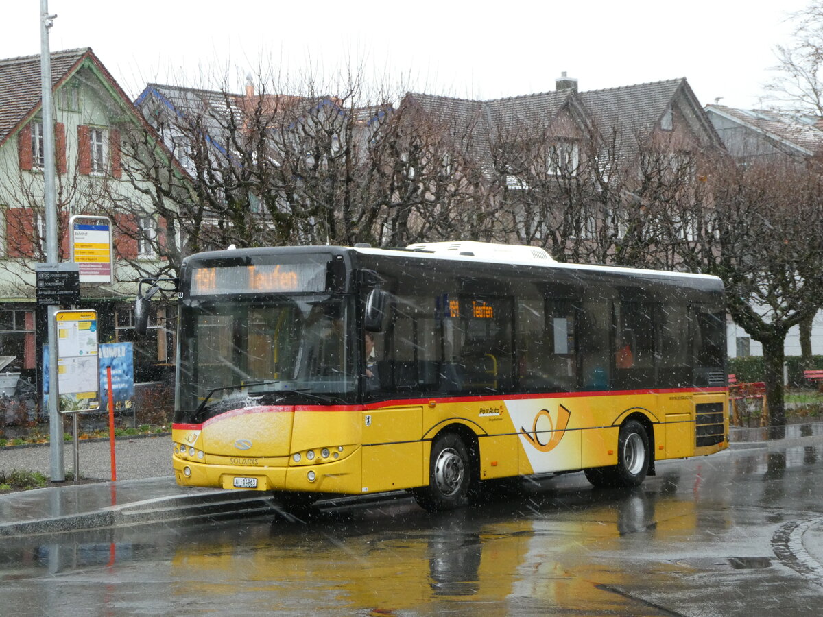(257'287) - PostAuto Ostschweiz - AI 14'963/PID 10'533 - Solaris (ex Haas, Eggerstanden) am 28. November 2023 beim Bahnhof Appenzell