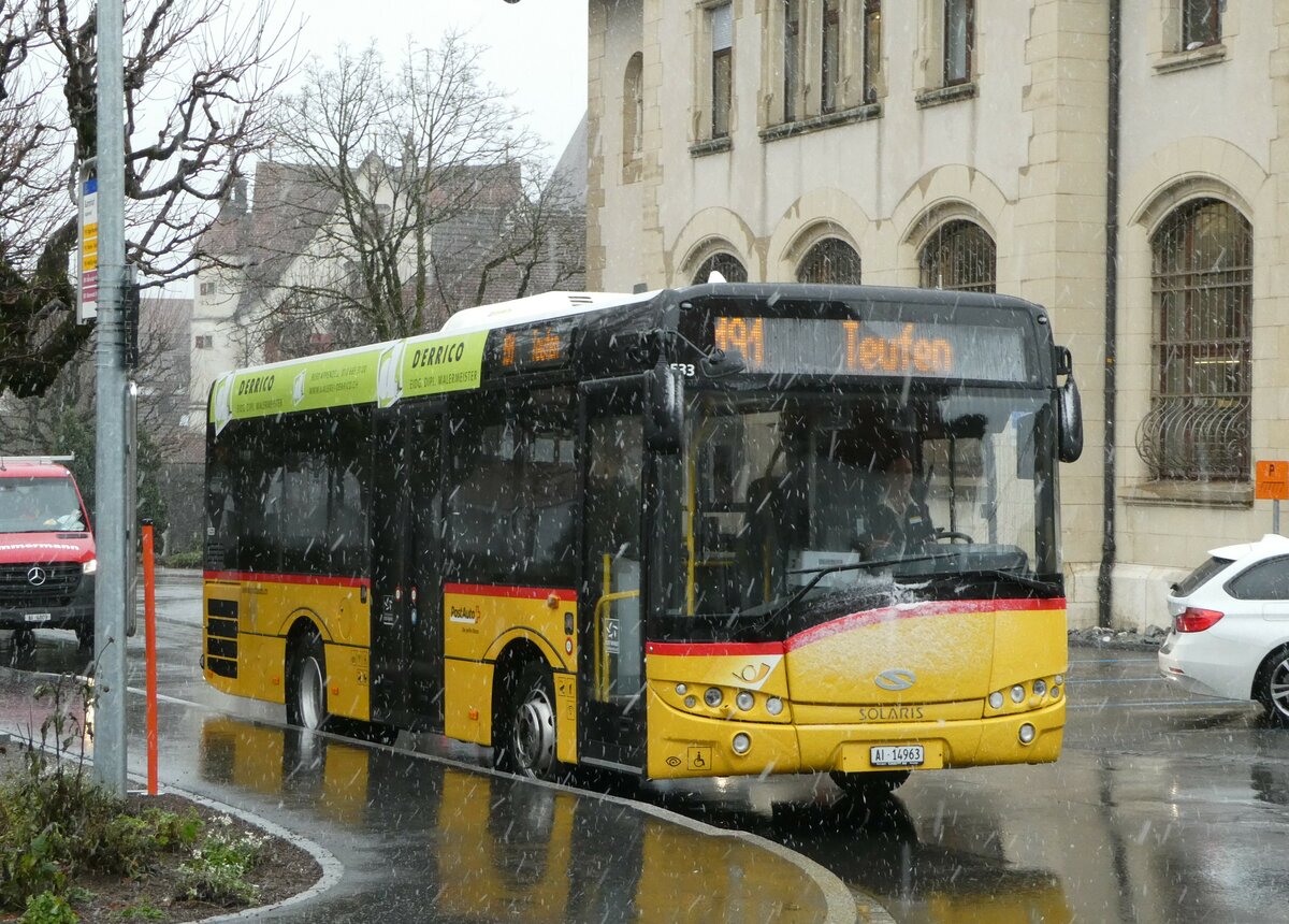 (257'289) - PostAuto Ostschweiz - AI 14'963/PID 10'533 - Solaris (ex Haas, Eggerstanden) am 28. November 2023 beim Bahnhof Appenzell