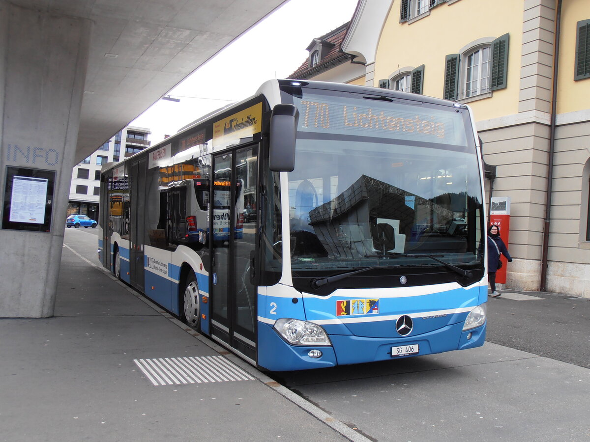 (257'843) - BLWE Wattwil - Nr. 2/SG 406 - Mercedes am 23. Dezember 2023 beim Bahnhof Wattwil