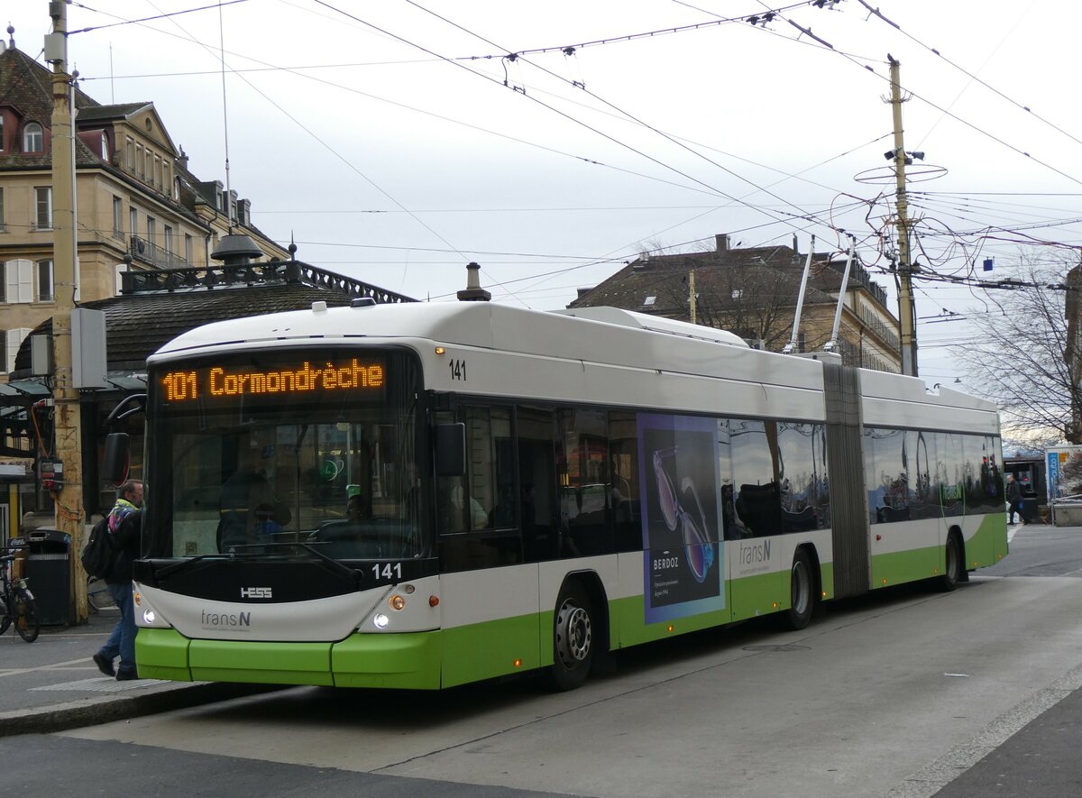 (258'944) - transN, La Chaux-de-Fonds - Nr. 141 - Hess/Hess Gelenktrolleybus (ex TN Neuchtel Nr. 141) am 26. Januar 2024 in Neuchtel, Place Pury