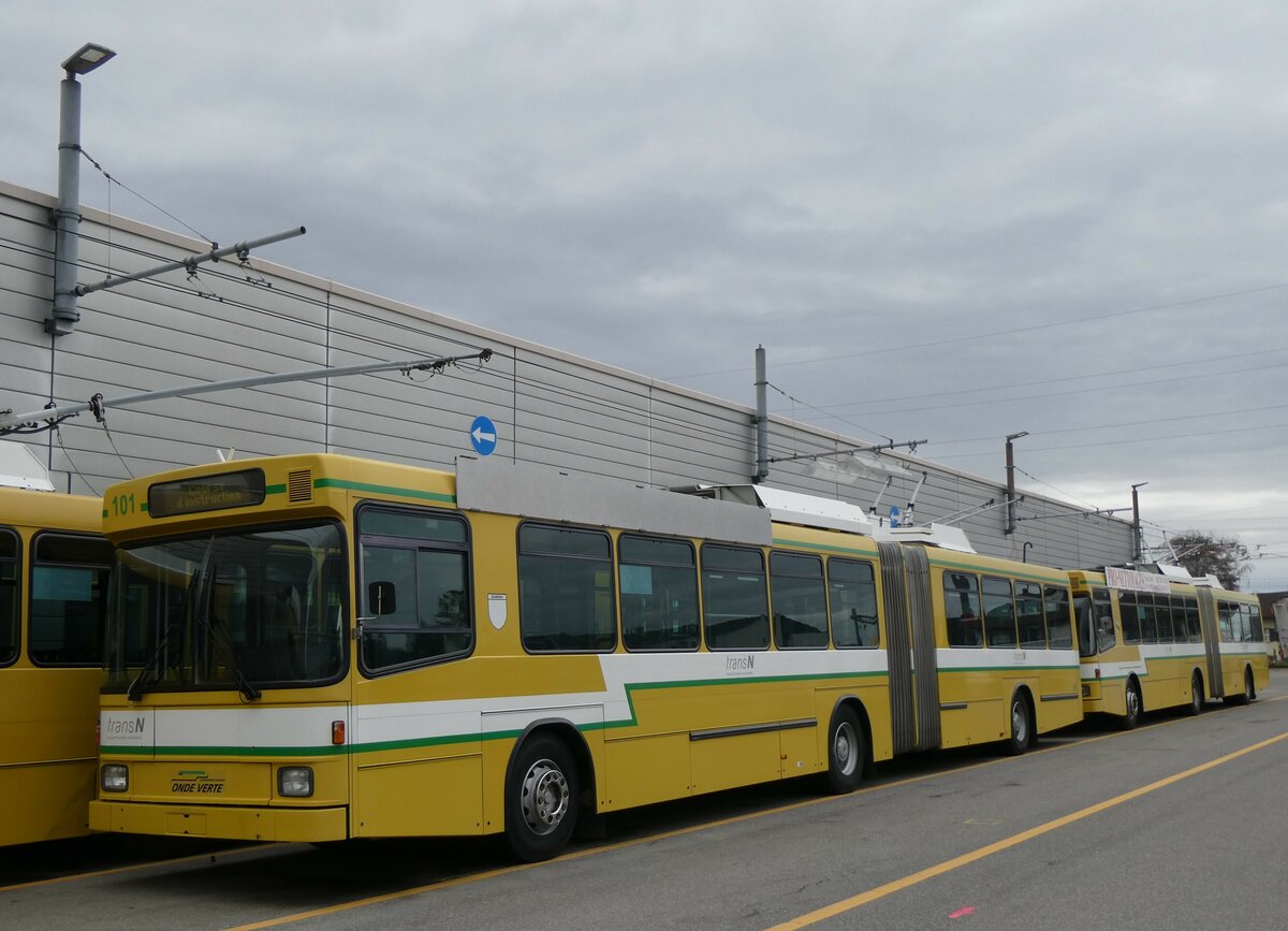 (258'947) - transN, La Chaux-de-Fonds - Nr. 101 - NAW/Hess Gelenktrolleybus (ex TN Neuchtel Nr. 101) am 26. Januar 2024 in Marin, Dpt