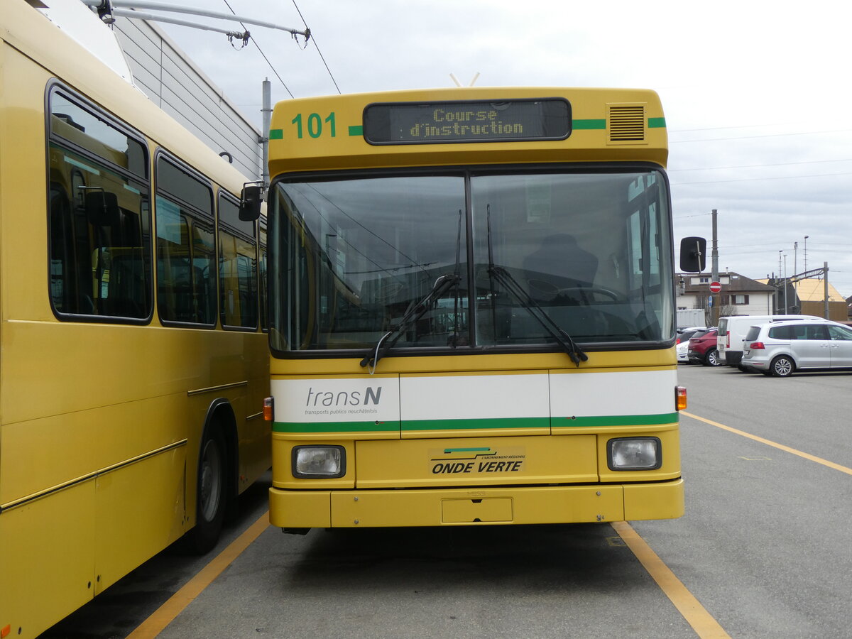 (258'950) - transN, La Chaux-de-Fonds - Nr. 101 - NAW/Hess Gelenktrolleybus (ex TN Neuchtel Nr. 101) am 26. Januar 2024 in Marin, Dpt