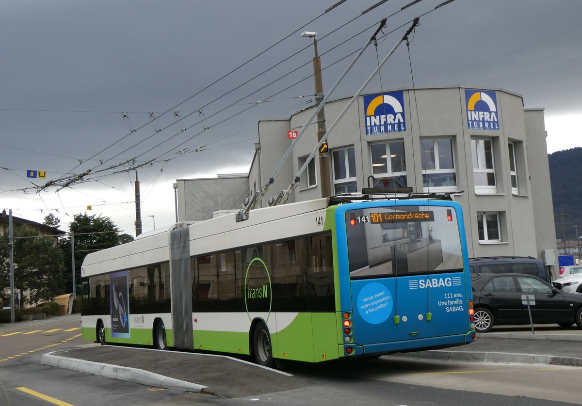 (258'963) - transN, La Chaux-de-Fonds - Nr. 141 - Hess/Hess Gelenktrolleybus (ex TN Neuchtel Nr. 141) am 26. Januar 2024 beim Bahnhof Marin-pagnier