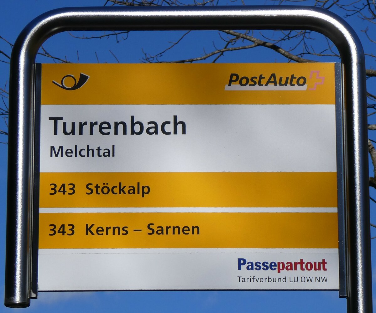 (259'317) - PostAuto-Haltestellenschild - Melchtal, Turrenbach - am 13. Februar 2024