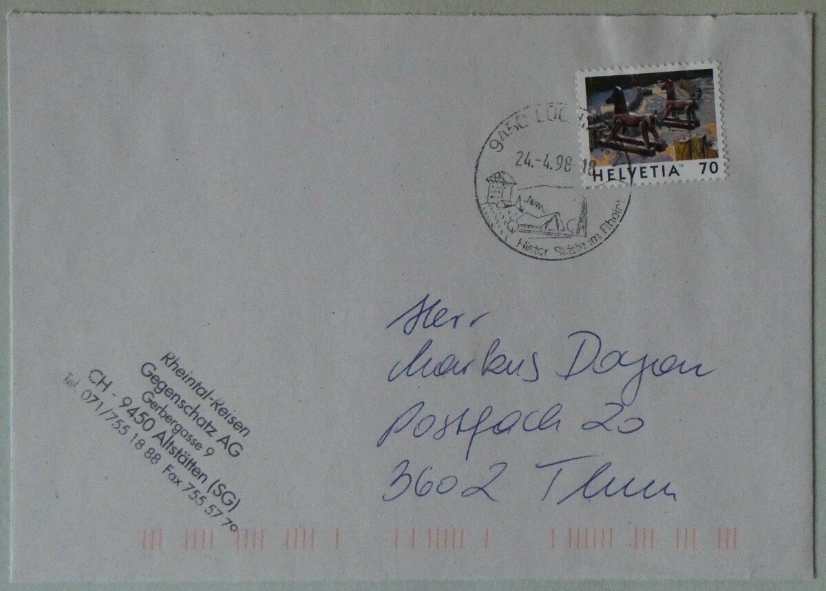 (259'631) - Gegenschatz-Briefumschlag vom 24. April 1998 am 25. Februar 2024 in Thun