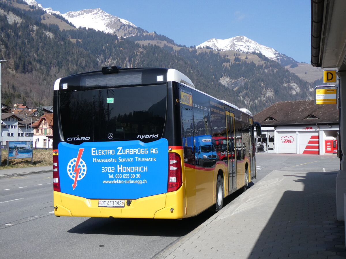(259'809) - PostAuto Bern - BE 653'382/PID 11'681 - Mercedes (ex BE 535'079) am 29. Februar 2024 beim Bahnhof Frutigen
