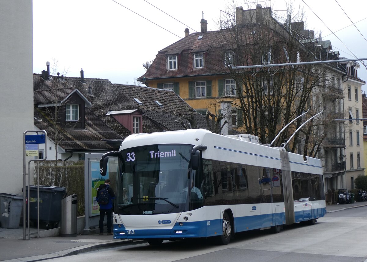 (260'130) - VBZ Zrich - Nr. 183 - Hess/Hess Gelenktrolleybus am 4. Mrz 2024 in Zrich, Klusplatz