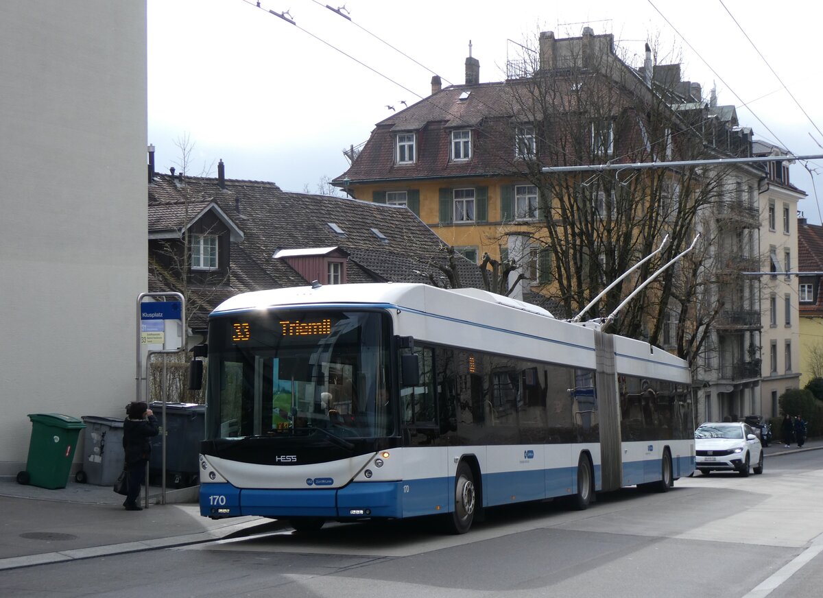 (260'133) - VBZ Zrich - Nr. 170 - Hess/Hess Gelenktrolleybus am 4. Mrz 2024 in Zrich, Klusplatz
