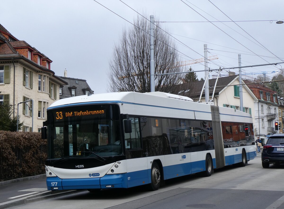 (260'135) - VBZ Zrich - Nr. 177 - Hess/Hess Gelenktrolleybus am 4. Mrz 2024 in Zrich, Klusplatz