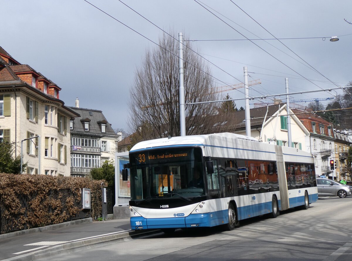(260'138) - VBZ Zrich - Nr. 181 - Hess/Hess Gelenktrolleybus am 4. Mrz 2024 in Zrich, Klusplatz