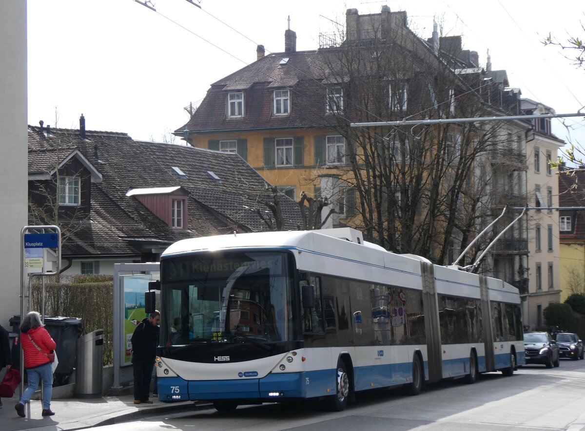 (260'143) - VBZ Zrich - Nr. 75 - Hess/Hess Doppelgelenktrolleybus am 4. Mrz 2024 in Zrich, Klusplatz