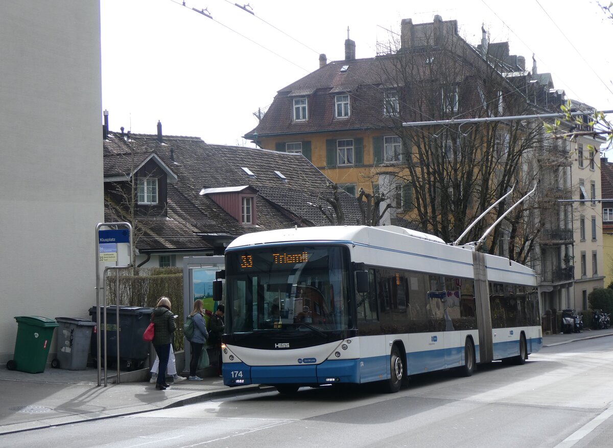 (260'154) - VBZ Zrich - Nr. 174 - Hess/Hess Gelenktrolleybus am 4. Mrz 2024 in Zrich, Klusplatz