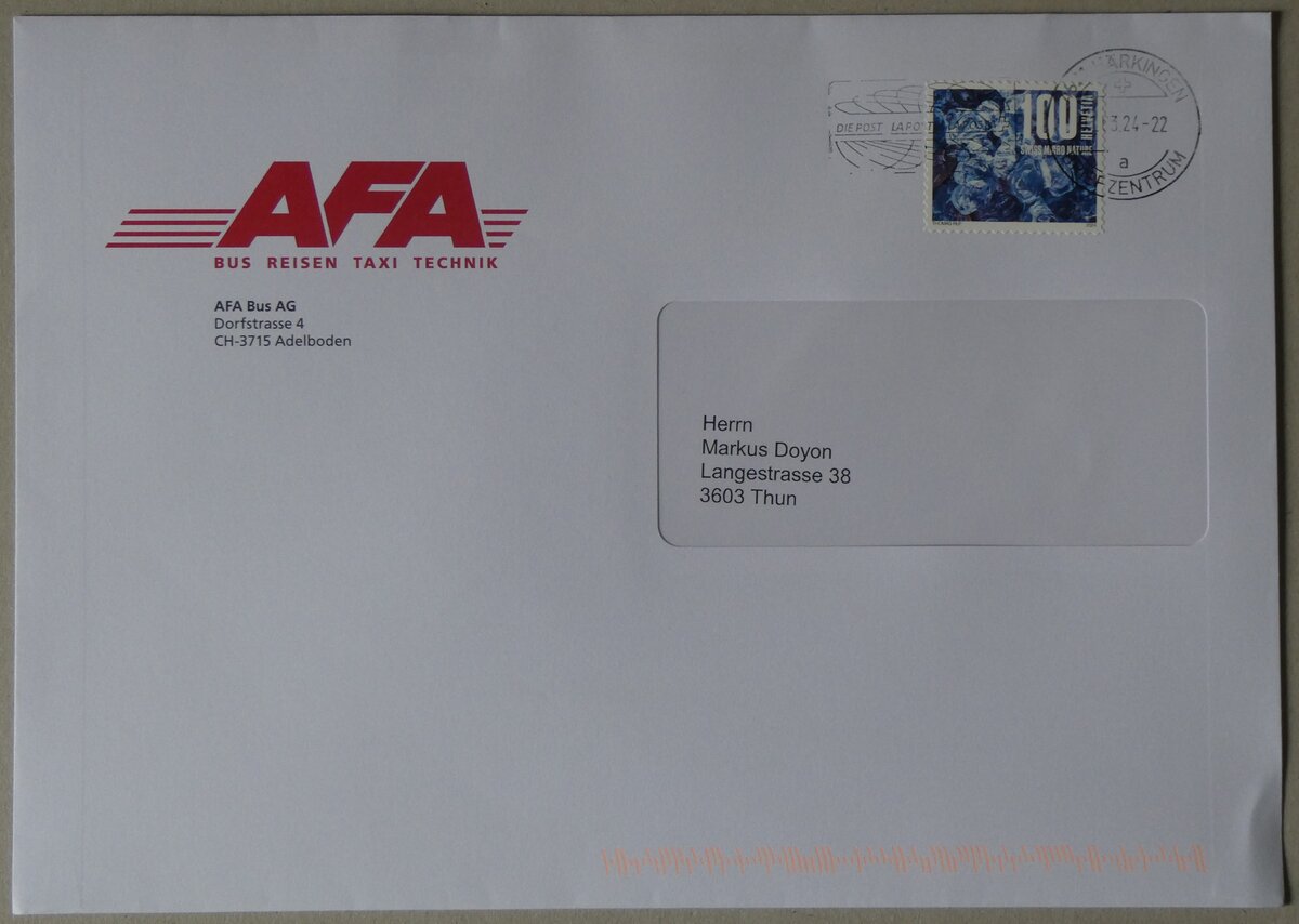 (260'166) - AFA-Briefumschlag vom 1. Mrz 2024 am 5. Mrz 2024 in Thun