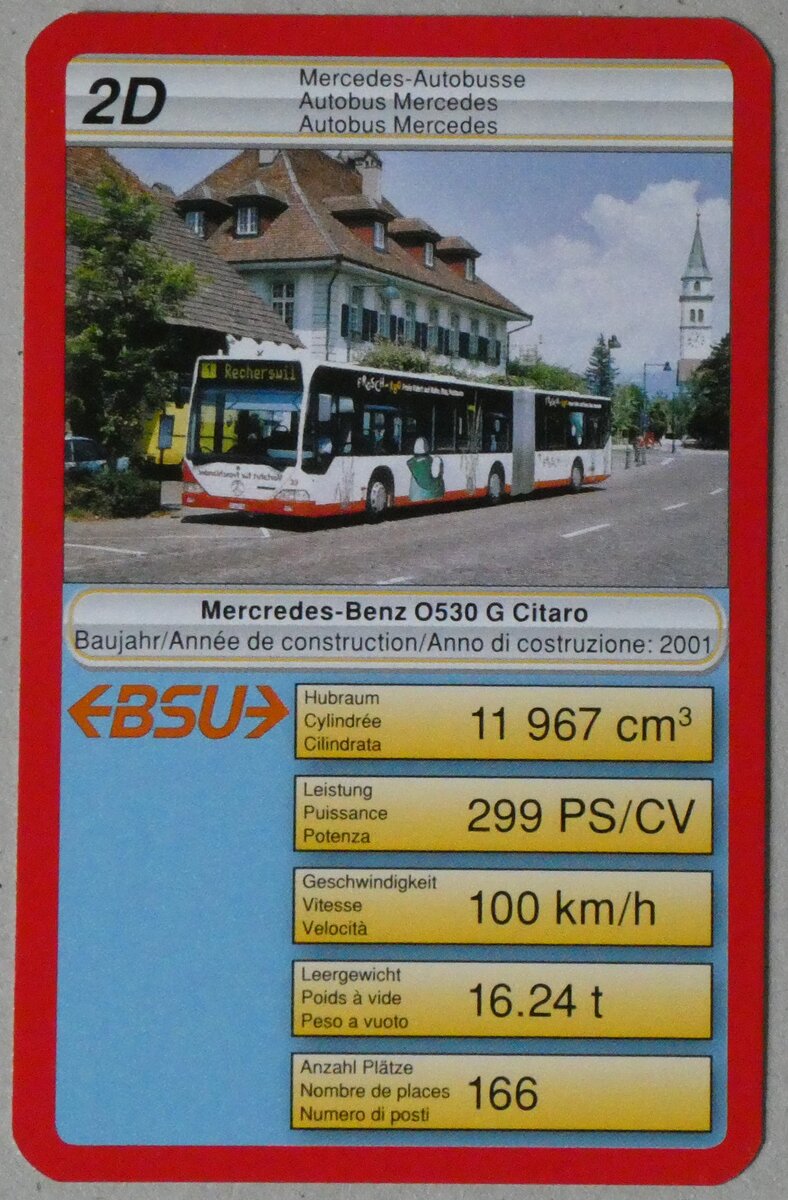 (260'188) - Quartett-Spielkarte mit BSU Mercedes-Benz O530 G Citaro Nr. 30 am 8. Mrz 2024 in Thun