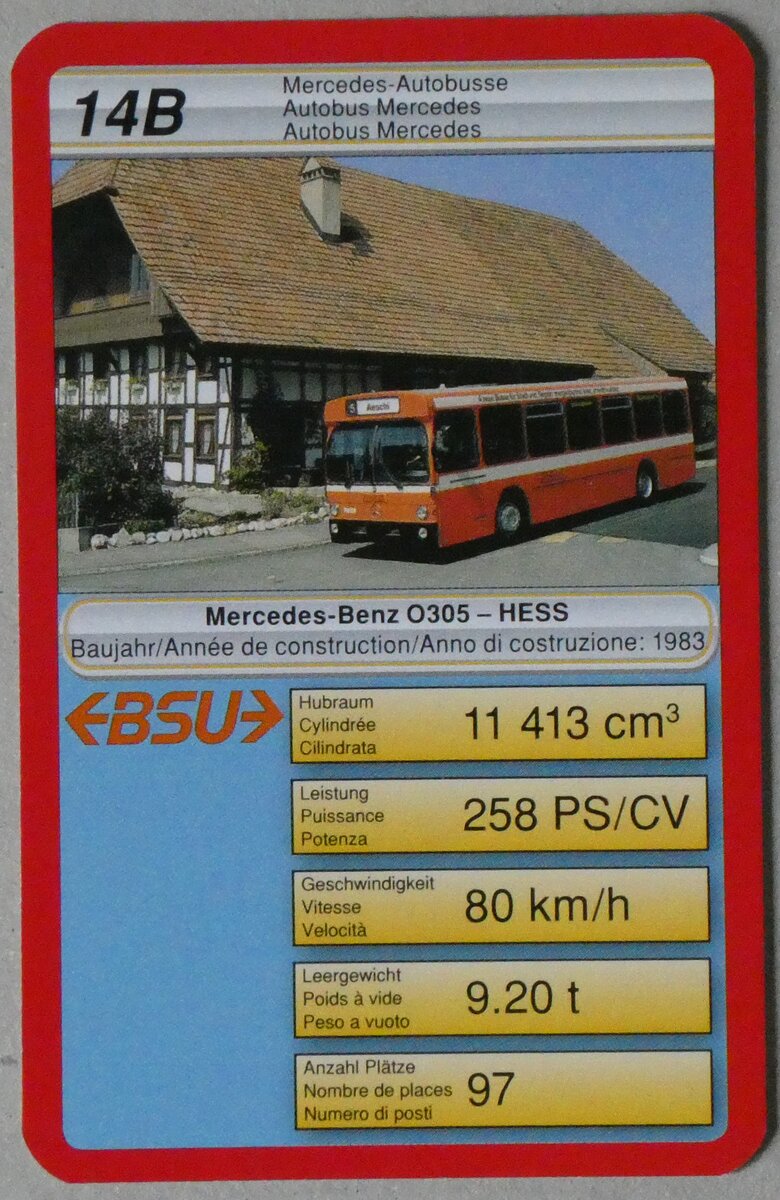 (260'190) - Quartett-Spielkarte mit BSU Mercedes-Benz/Hess O305 Nr. 41 am 8. Mrz 2024 in Thun