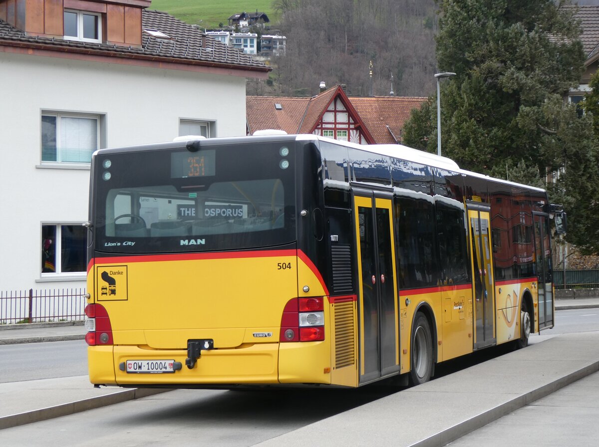 (260'330) - PostAuto Zentralschweiz - Nr. 504/OW 10'004/PID 10'777 - MAN (ex Nr. 10; ex Dillier, Sarnen Nr. 10) am 12. Mrz 2024 beim Bahnhof Sarnen