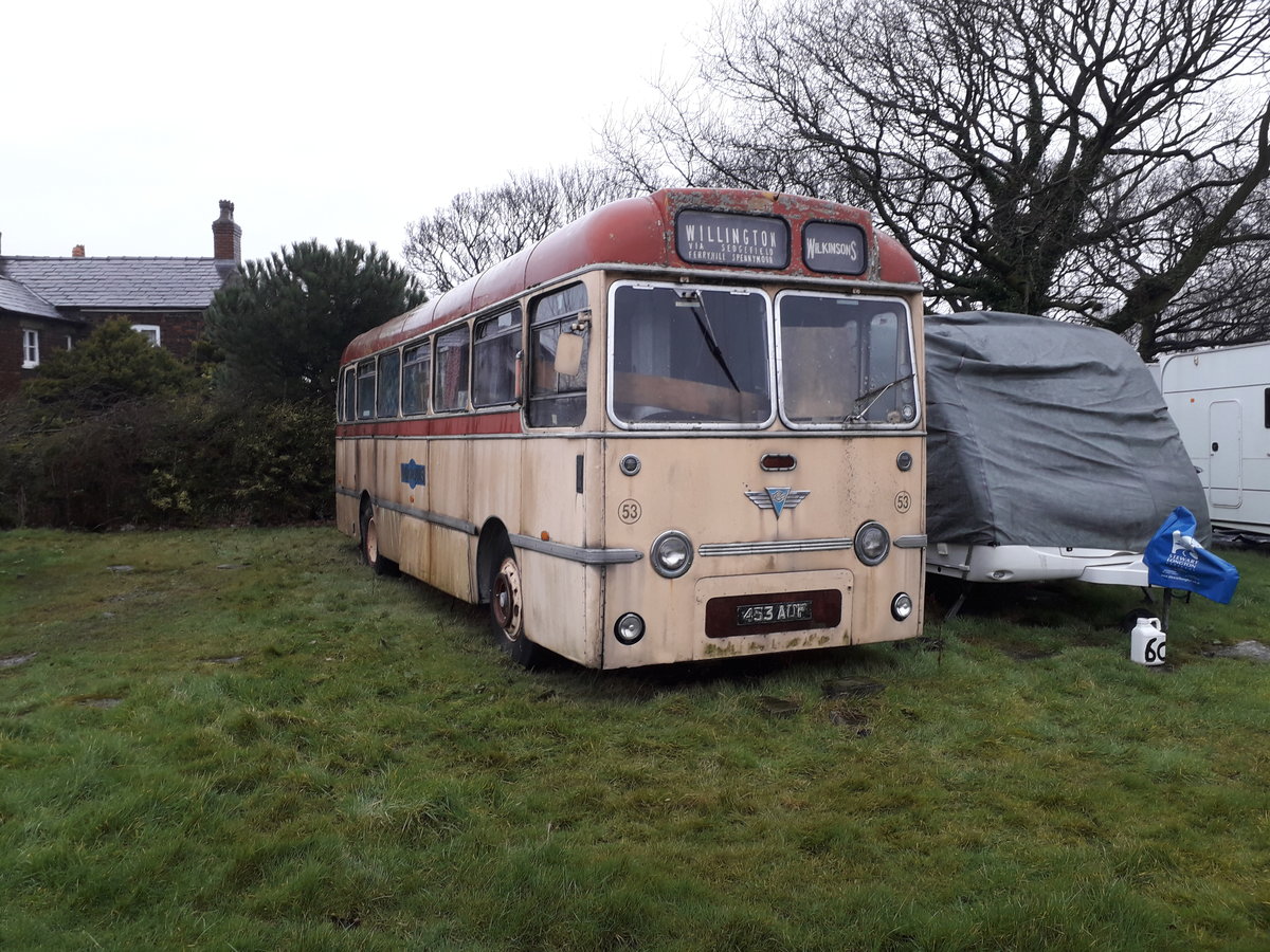 453 AUP
1958 AEC Reliance
Plaxton Highway B45F
New to Wilkinsons, Sedgefield, England as fleet number 53.
Converted for several uses, including mobile radio station and living accommodation in relation to show horses.

Seen near St Helens, England 19th February 2020.
