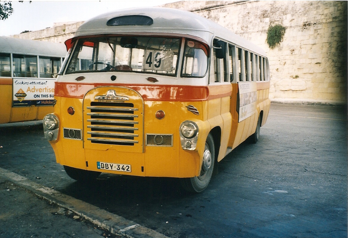 DBY 342 was a 1962 Bedford SBG, fitted with Aquilina B40F body.  It was also used on sister island Gozo, where it carried registration FBY 034.

Photographed in the layover area of Valetta Bus Station, Malta on 20th March 2011, the year all the  tradiional  Maltese buses were withdrawn.