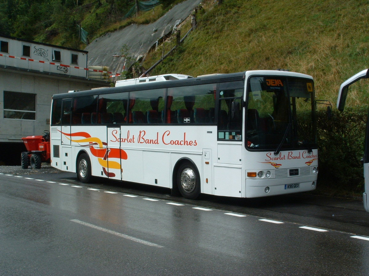 K95 GEV
1993 DAF SB3000
Van Hool Alizee C48Ft
Scarlet Band Coaches, West Cornforth, County Durham, England.

New to Harris Coaches, Grays, Essex, England.  Photographed at Margeli, Adelboden, Switzerland on 29th August 2003.