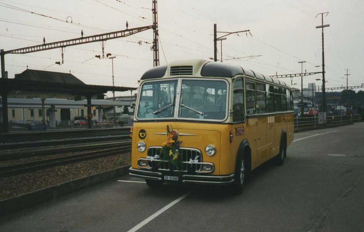 (MD377) - Aus dem Archiv: Gerber, Matzendorf - SO 91'360 - FBW/R&J (ex Kontiki, Wettingen; ex P 24'001; ex P 21'501) im Juli 1997 beum Bahnhof Langenthal
