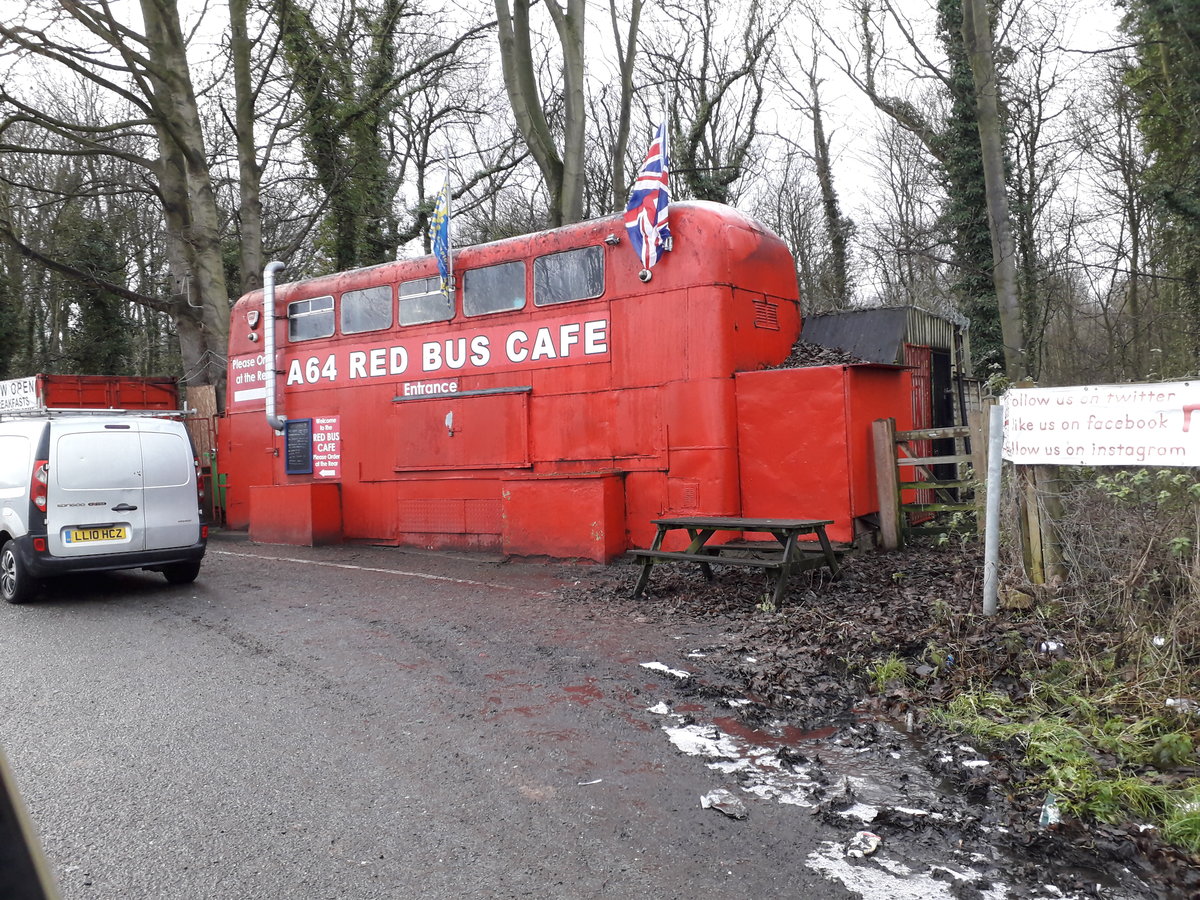 The famous  A64 Red Bus Cafe , situated on the outskirts of Leeds, West Yorkshire, UK, started life with Newcastle Corporation in 1968 as an Alexander H45/30D bodied Leyland Atlantean, registered SVK 607G.  After passing through various operators, it was converted into a static cafe, as seen here.

Photographed on York Road, Leeds, LS14 3AE on Monday 4th January 2021.