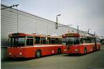 (074'206) - TN Neuchtel - Nr. 156 (ex Nr. 56) + Nr. 160 (ex Nr. 60) FBW/Hess Gelenktrolleybusse am 16. Januar 2005 in Marin, Dpt