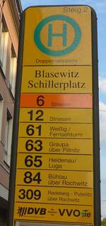 (183'113) - DVB/VVO-Haltestellenschild - Dresden, Blasewitz Schillerplatz - am 9.