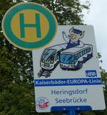 (254'457) - UBB-Haltestellenschild - Heringsdorf, Seebrcke - am 31. Juli 2023